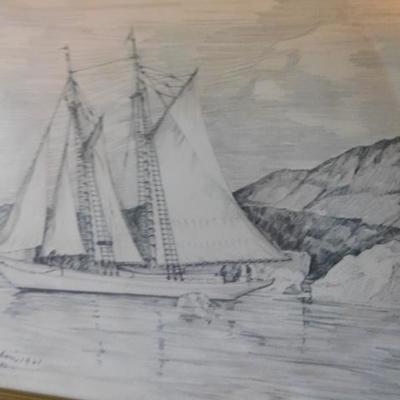 Charles Overly Pencil Framed Art 'The Schooner Bowdoni in Greenland Waters'  15"x12"