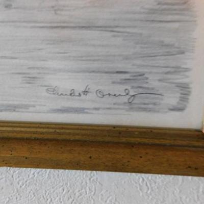 Charles Overly Pencil Framed Art 'The Schooner Bowdoni in Greenland Waters'  15"x12"