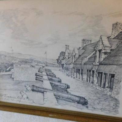 Charles Overly Pencil Framed Art 'Fort Ticonderoga NY'  15"x12"
