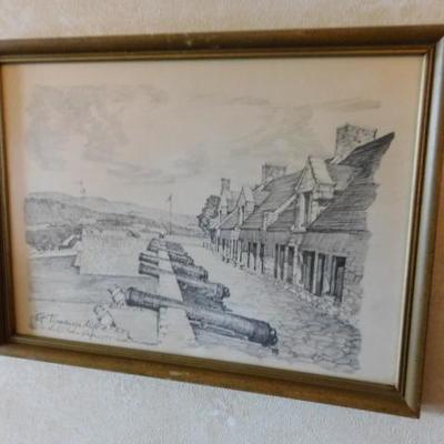 Charles Overly Pencil Framed Art 'Fort Ticonderoga NY'  15"x12"