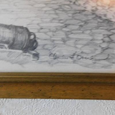 Charles Overly Pencil Framed Art 'Fort Ticonderoga NY'  15"x12"