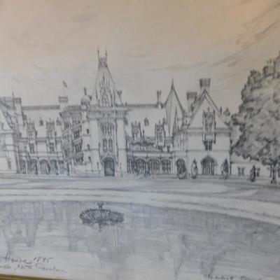 Charles Overly Pencil Framed Art 'Biltmore House'  Asheville, NC 15"x12"