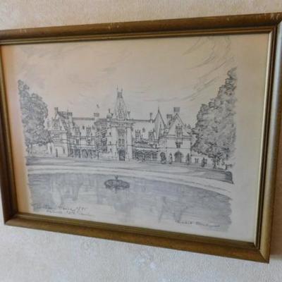 Charles Overly Pencil Framed Art 'Biltmore House'  Asheville, NC 15"x12"