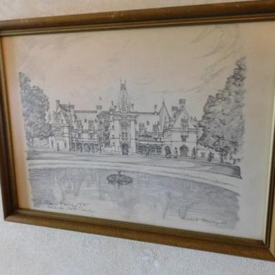Charles Overly Pencil Framed Art 'Biltmore House'  Asheville, NC 15"x12"