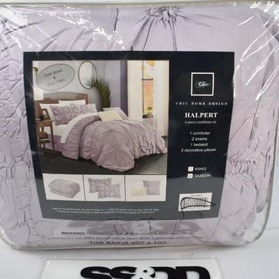 Chic Home 6-Piece Pinch Pleat Ruffled Comforter Set, Queen, Purple, $86 Retail