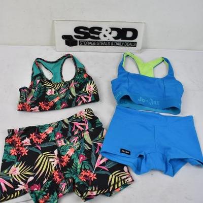 4 pc Gymnastics/Dance Activewear: Jo + Jax Turquoise Set & Old Navy Floral Set, Child Size Large