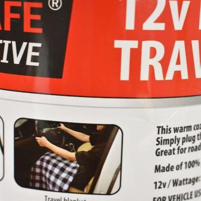 TREKSAFE 12-Volt Heated Travel Blanket, White & Black