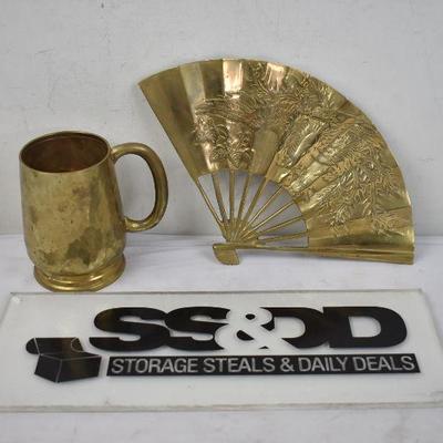 2 pc Brass Decor: Lightweight Cup & Heavy Fan