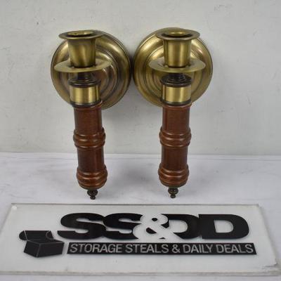 2 Brass & Wood Wall Sconce Candle Holders - Vintage