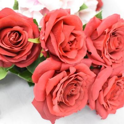 Bag of Faux Flowers, Red Roses, Pink Peonies
