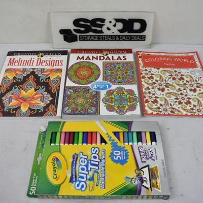 3 Coloring Books: Mehndi/Mandalas/Paisleys plus Crayola Super Tips Marker
