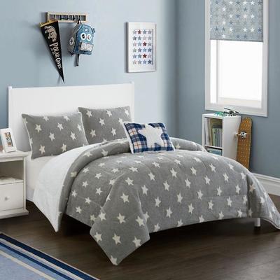 American Kids Sherpa Gray Stars Comforter Set, Twin Size, $35 Retail - New