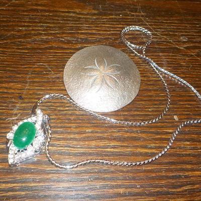 Sterling silver Necklace Jade and  Sand Dollar Pin.