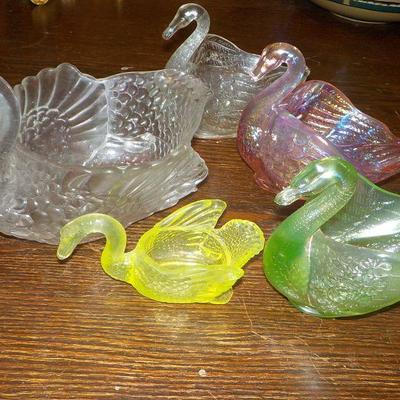 5 Swans with Depression glass.