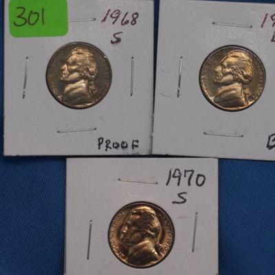 3 Jefferson Nickels 1968 S, 1969 D and a 1970 S     301