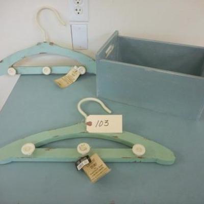 Lot 103 - Retro Turquoise Painted Drop Down Table + Wood Box + Two Wooden Hangers