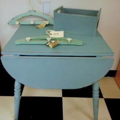 Lot 103 - Retro Turquoise Painted Drop Down Table + Wood Box + Two Wooden Hangers