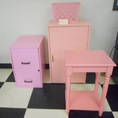 Lot 104 - Group of Pink Furniture File Cab + Table + Cabinet + Metal Basket