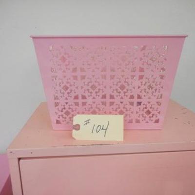 Lot 104 - Group of Pink Furniture File Cab + Table + Cabinet + Metal Basket