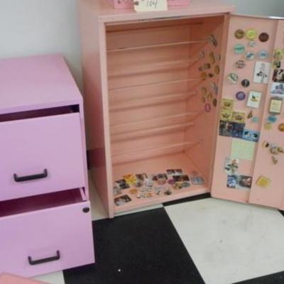 Lot 104 - Group of Pink Furniture File Cab + Table + Cabinet + Metal Basket