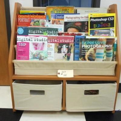 Lot 121 - Magazine or Book Rack with two cubby baskets + photography mags