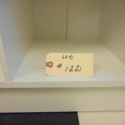 Lot 122 - White Cubby Cabinet with Rotating Paint Rack, Paints, Ceramic Bowl & Signs 