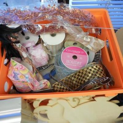 Lot 139 - Craft Lot - Wall decals,  Shadow box,  Ribbon, Blue/Red Totes + more