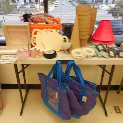 Lot 139 - Craft Lot - Wall decals,  Shadow box,  Ribbon, Blue/Red Totes + more