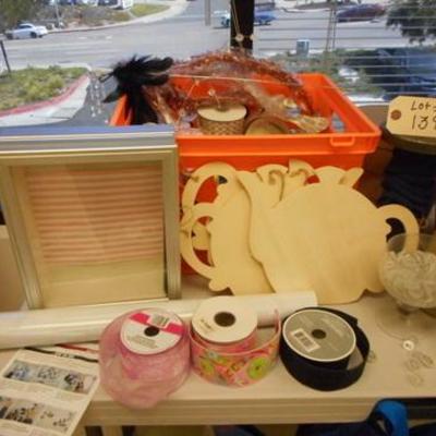 Lot 139 - Craft Lot - Wall decals,  Shadow box,  Ribbon, Blue/Red Totes + more