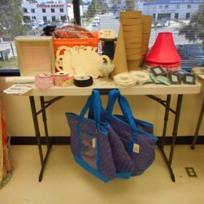 Lot 139 - Craft Lot - Wall decals,  Shadow box,  Ribbon, Blue/Red Totes + more