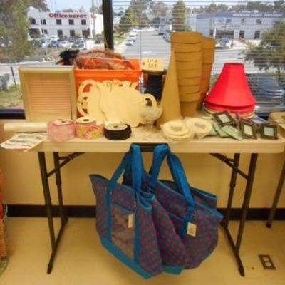 Lot 139 - Craft Lot - Wall decals,  Shadow box,  Ribbon, Blue/Red Totes + more