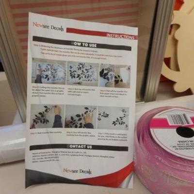 Lot 139 - Craft Lot - Wall decals,  Shadow box,  Ribbon, Blue/Red Totes + more