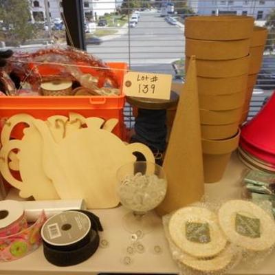 Lot 139 - Craft Lot - Wall decals,  Shadow box,  Ribbon, Blue/Red Totes + more