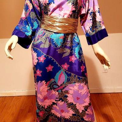 Oscar de la Renta hand printed Japanese Kimono dress Gold Sash Circa 1970