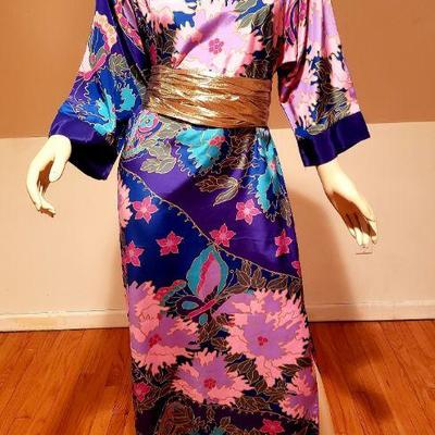 Oscar de la Renta hand printed Japanese Kimono dress Gold Sash Circa 1970