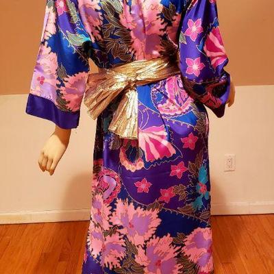 Oscar de la Renta hand printed Japanese Kimono dress Gold Sash Circa 1970