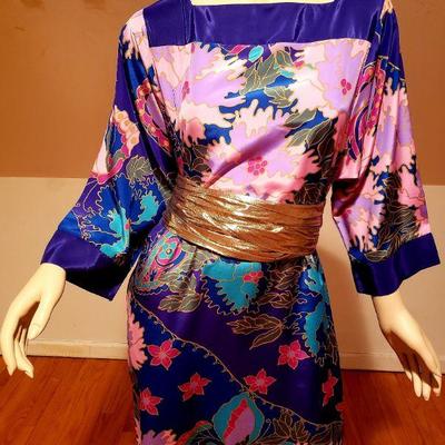 Oscar de la Renta hand printed Japanese Kimono dress Gold Sash Circa 1970