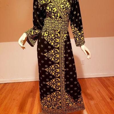 Vtg Maurice signed Gold yellow Printed Kimono Maxi dress 