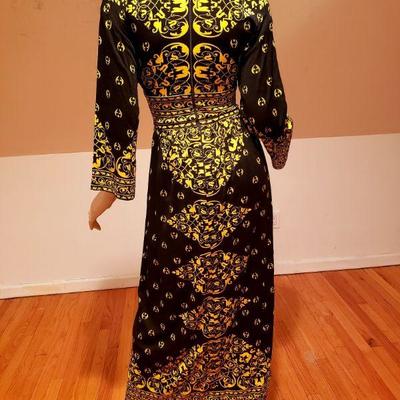 Vtg Maurice signed Gold yellow Printed Kimono Maxi dress 