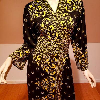 Vtg Maurice signed Gold yellow Printed Kimono Maxi dress 