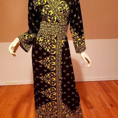 Vtg Maurice signed Gold yellow Printed Kimono Maxi dress 