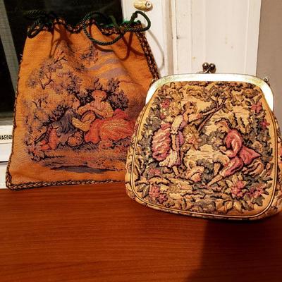Vtg Aubusson Hand Bags (2) one Tie one metal Framed