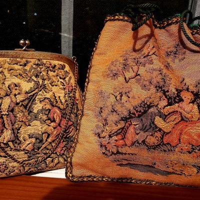 Vtg Aubusson Hand Bags (2) one Tie one metal Framed
