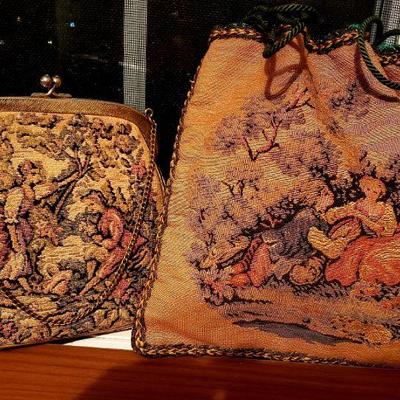 Vtg Aubusson Hand Bags (2) one Tie one metal Framed