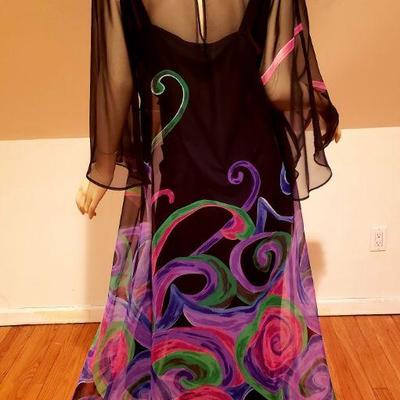 Edith Flagg hand painted Chiffon Hostess Gown w/scarf & under dress