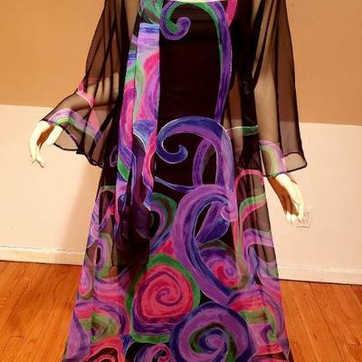 Edith Flagg hand painted Chiffon Hostess Gown w/scarf & under dress