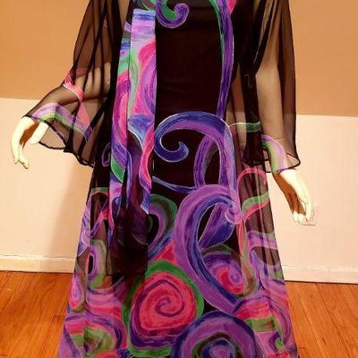 Edith Flagg hand painted Chiffon Hostess Gown w/scarf & under dress