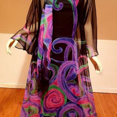 Edith Flagg hand painted Chiffon Hostess Gown w/scarf & under dress