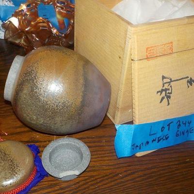 Japanese vintage vase and wooden box.