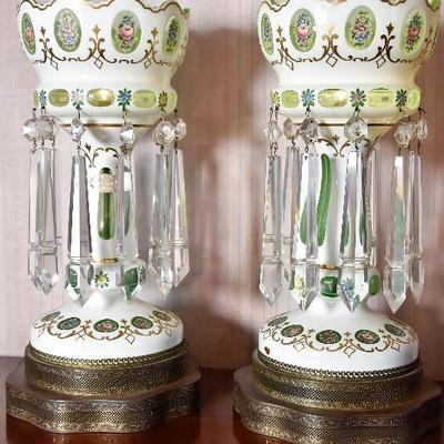 Lot 1: Pair of Antique Bohemian Art Glass Luster Lamps